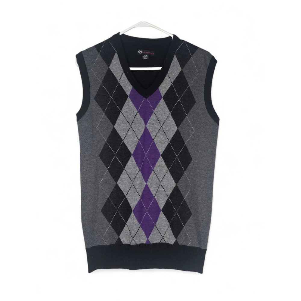 Phat Farm Mens Argyle Sweater Vest V-Neck Black Grey Purple Size Small‎